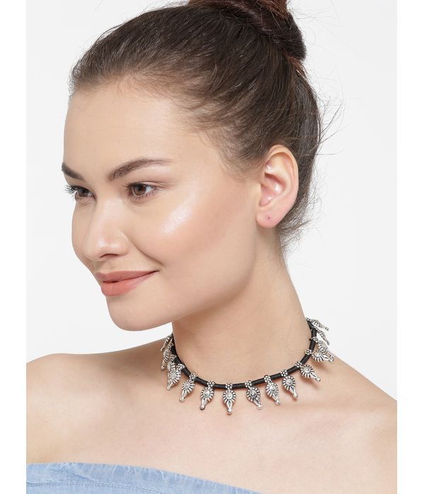 YouBella Oxidised Silver-Toned  Black Metal Necklace